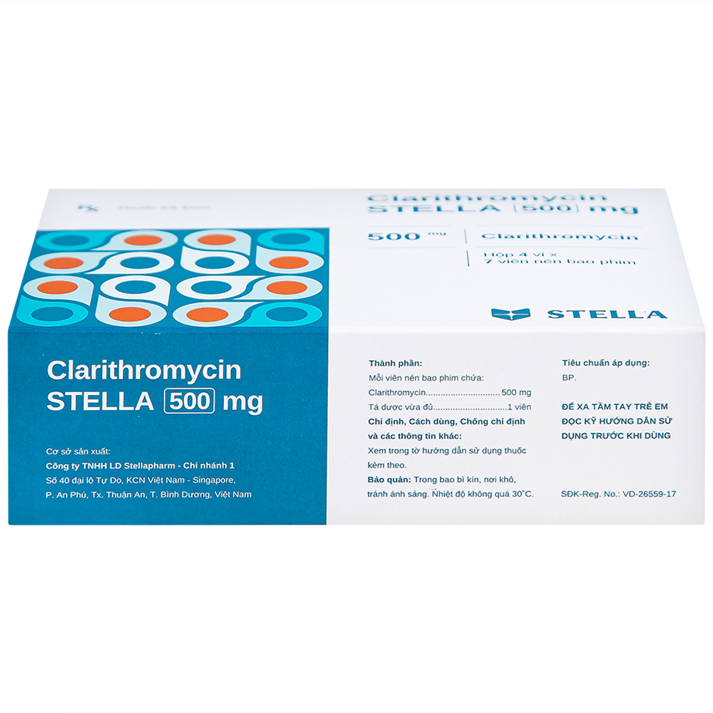 Hình ảnh Thuốc Clarithromycin Stella 500mg điều trị nhiễm trùng (4 vỉ x 7 viên)