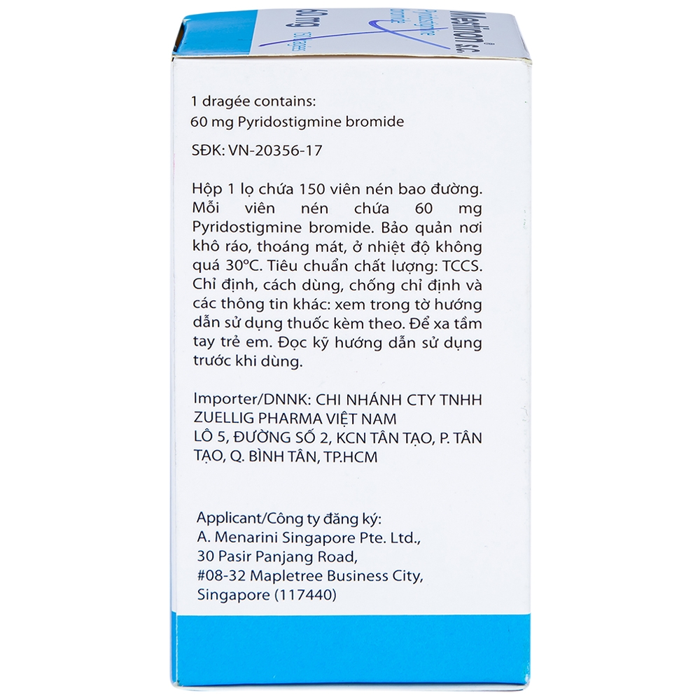 Hình ảnh Viên nén Mestinon S.C. 60mg Menarini điều trị nhược cơ, tắc ruột do liệt ruột và bí tiểu sau phẫu thuật (150 viên)