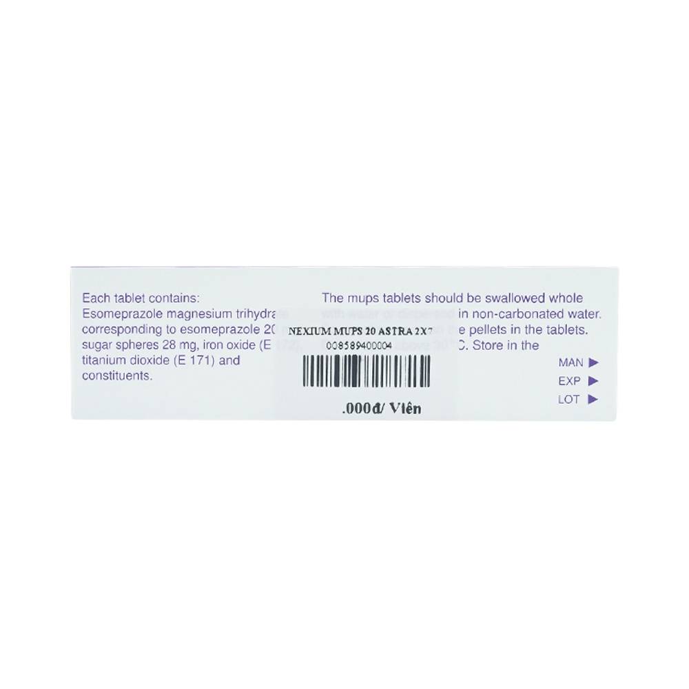 Hình ảnh Viên nén Nexium Mups 20mg AstraZeneca điều trị trào ngược dạ dày - thực quản, loét dạ dày (2 vỉ x 7 viên)
