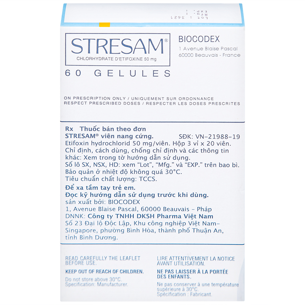 Hình ảnh Thuốc Stresam Biocodex điều trị các biểu hiện dạng tâm thể của lo âu (3 vỉ x 20 viên)