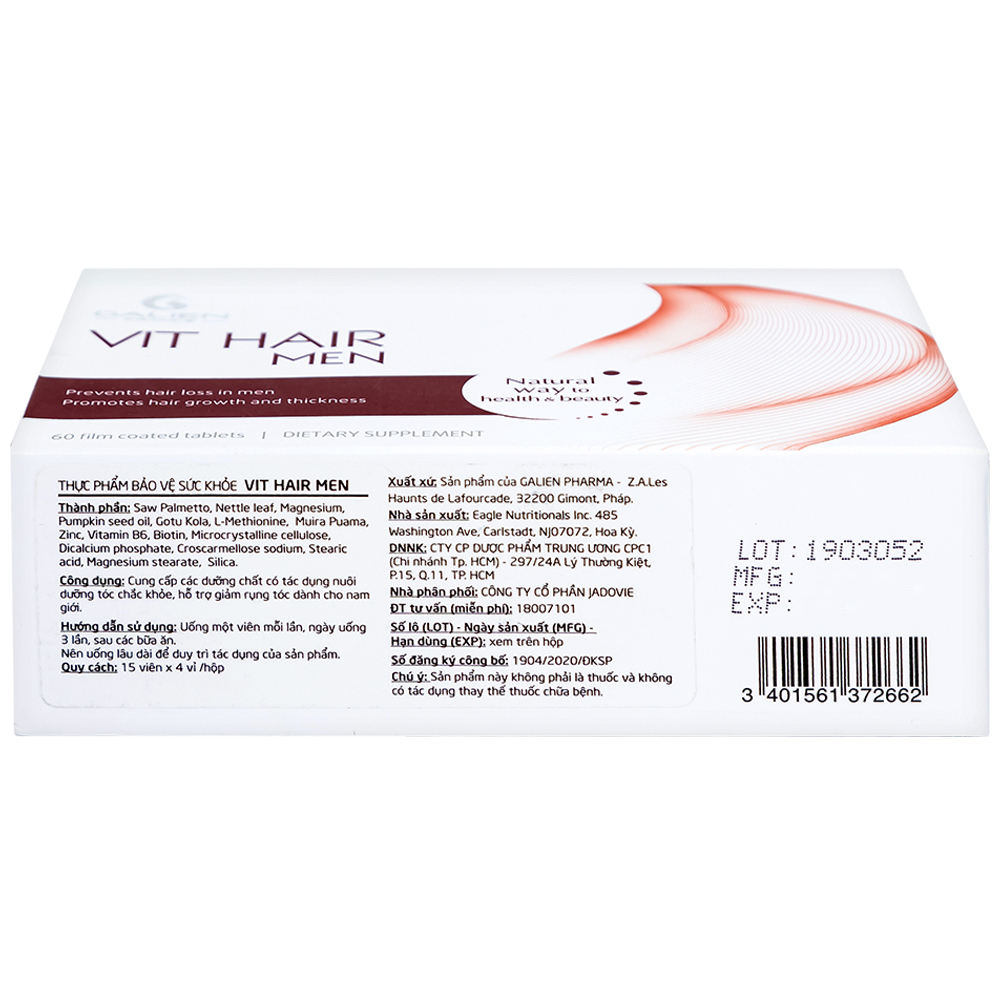 Hình ảnh Viên uống Vit Hair Men Galien hỗ trợ giảm rụng tóc dành cho nam giới (4 vỉ x 15 viên)