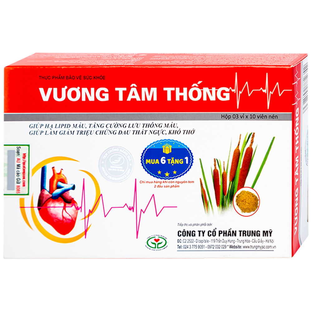Hình ảnh Viên nén Vương Tâm Thống Hồng Bàng hạ lipid máu, giảm triệu chứng đau thắt ngực, khó thở (3 vỉ x 10 viên)