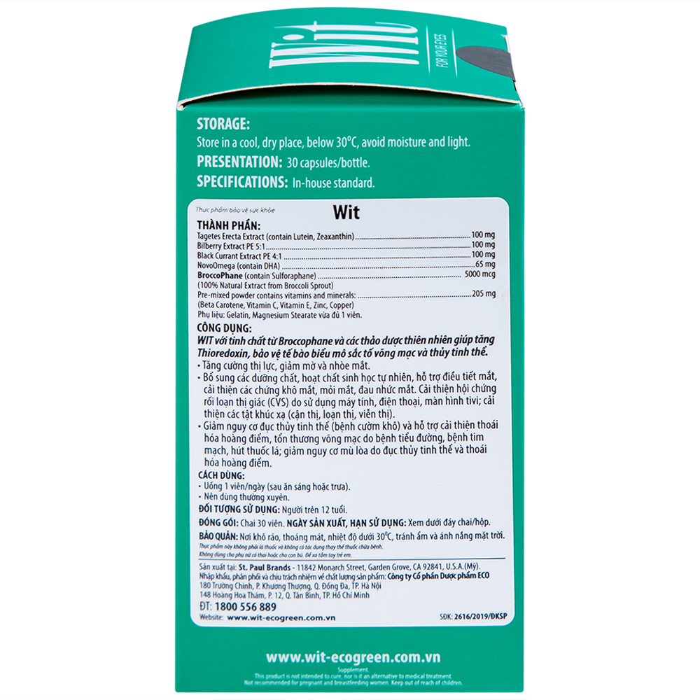 Hình ảnh Viên nang WIT For Your Eyes Ecogreen tăng cường thị lực, giảm mờ và nhòe mắt (30 viên)