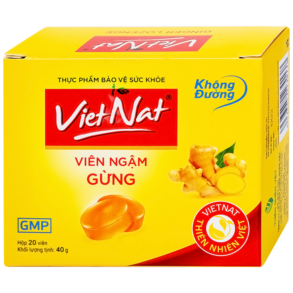 Viên ngậm gừng không đường VietNat hỗ trợ làm ấm tỳ vị, giảm nôn, ăn không tiêu đầy hơi (5 vỉ x 4 viên)