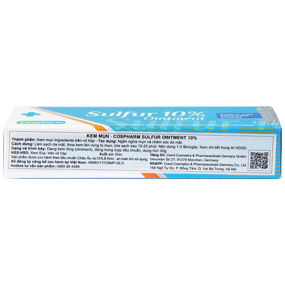 Hình ảnh Kem mụn Sulfur 10% Ointment Cospharm ngăn ngừa mụn và chăm sóc da mặt (30g)