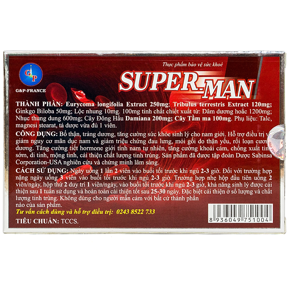 Hình ảnh Viên uống Super Man G&P France bổ thận, tráng dương, tăng cường sinh lý ở nam giới (1 vỉ x 10 viên)