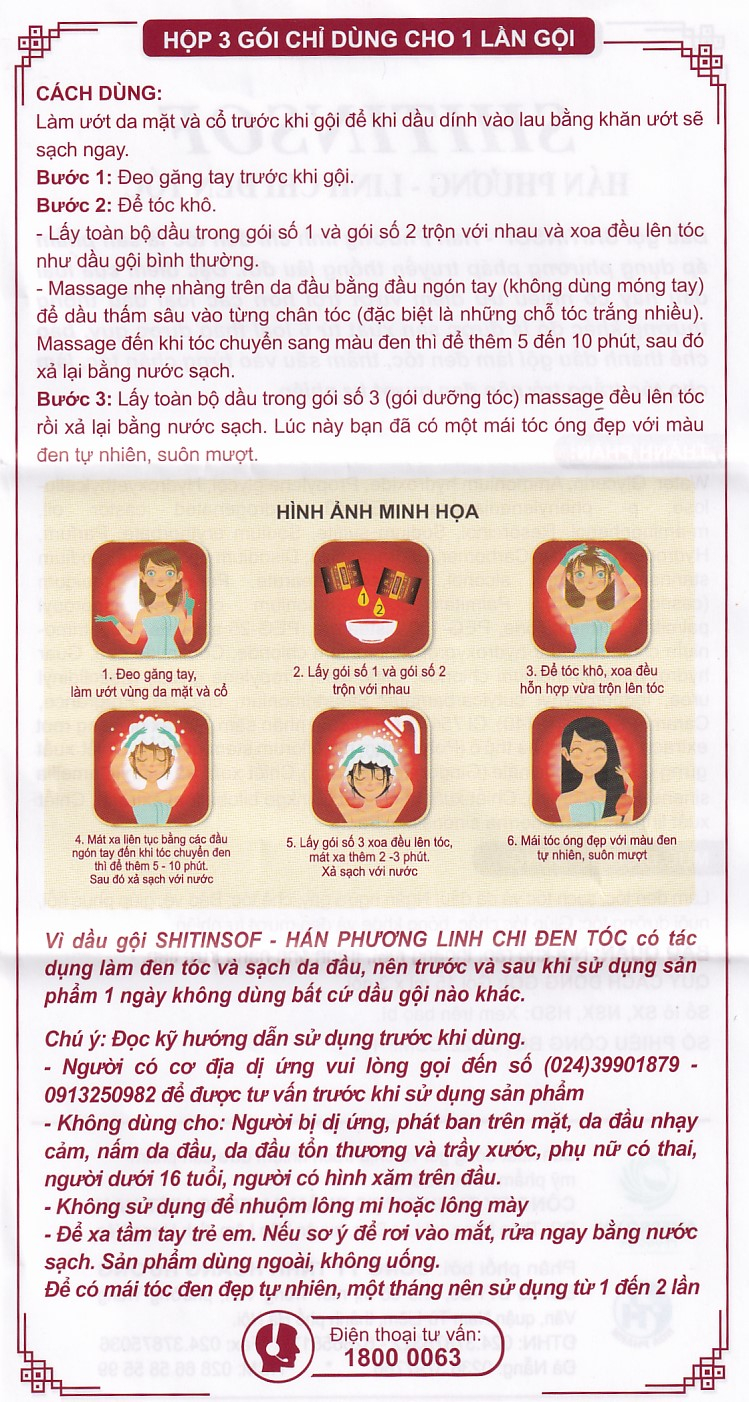 Hình ảnh Dầu gội Shitinsof Hán Phương - Linh Chi Đen Tóc Danh Nhân Đường 15ml nhuộm đen và dưỡng tóc (3 gói)