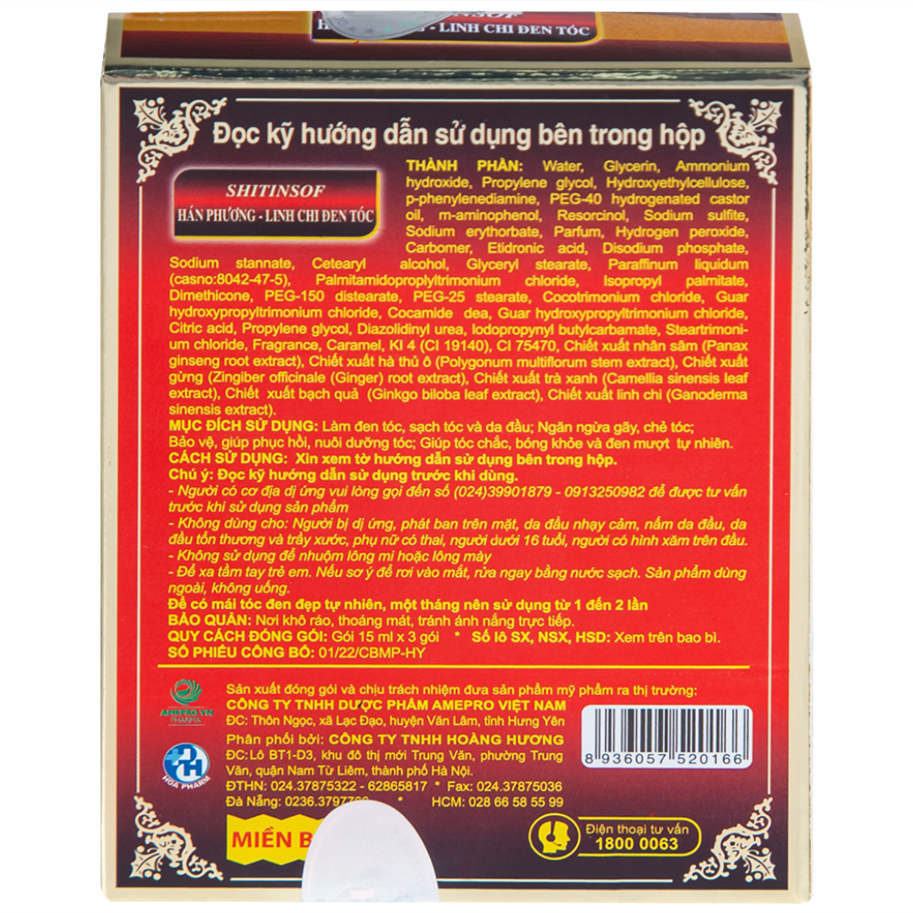 Hình ảnh Dầu gội Shitinsof Hán Phương - Linh Chi Đen Tóc Danh Nhân Đường 15ml nhuộm đen và dưỡng tóc (3 gói)