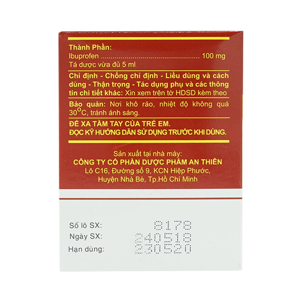 Hình ảnh Siro A.T Ibuprofen 100mg An Thiên giảm đau, kháng viêm, hạ sốt (30 ống x 5ml)