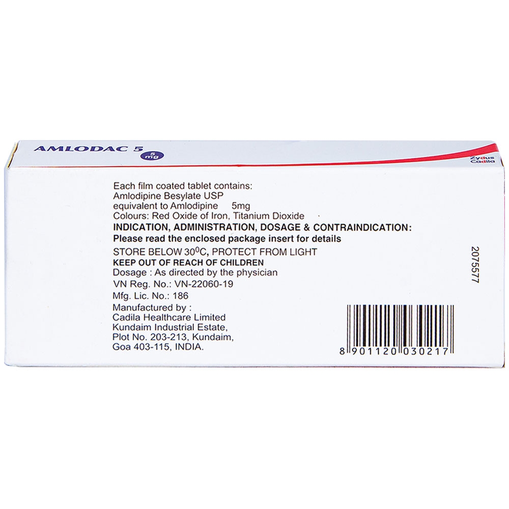 Hình ảnh Thuốc Amlodac 5 Cadila điều trị tăng huyết áp, đau thắt ngực (1 vỉ x 10 viên)