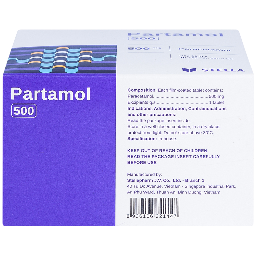 Hình ảnh Thuốc Partamol 500 Stella điều trị các cơn đau và sốt từ nhẹ đến vừa (10 vỉ x 10 viên)