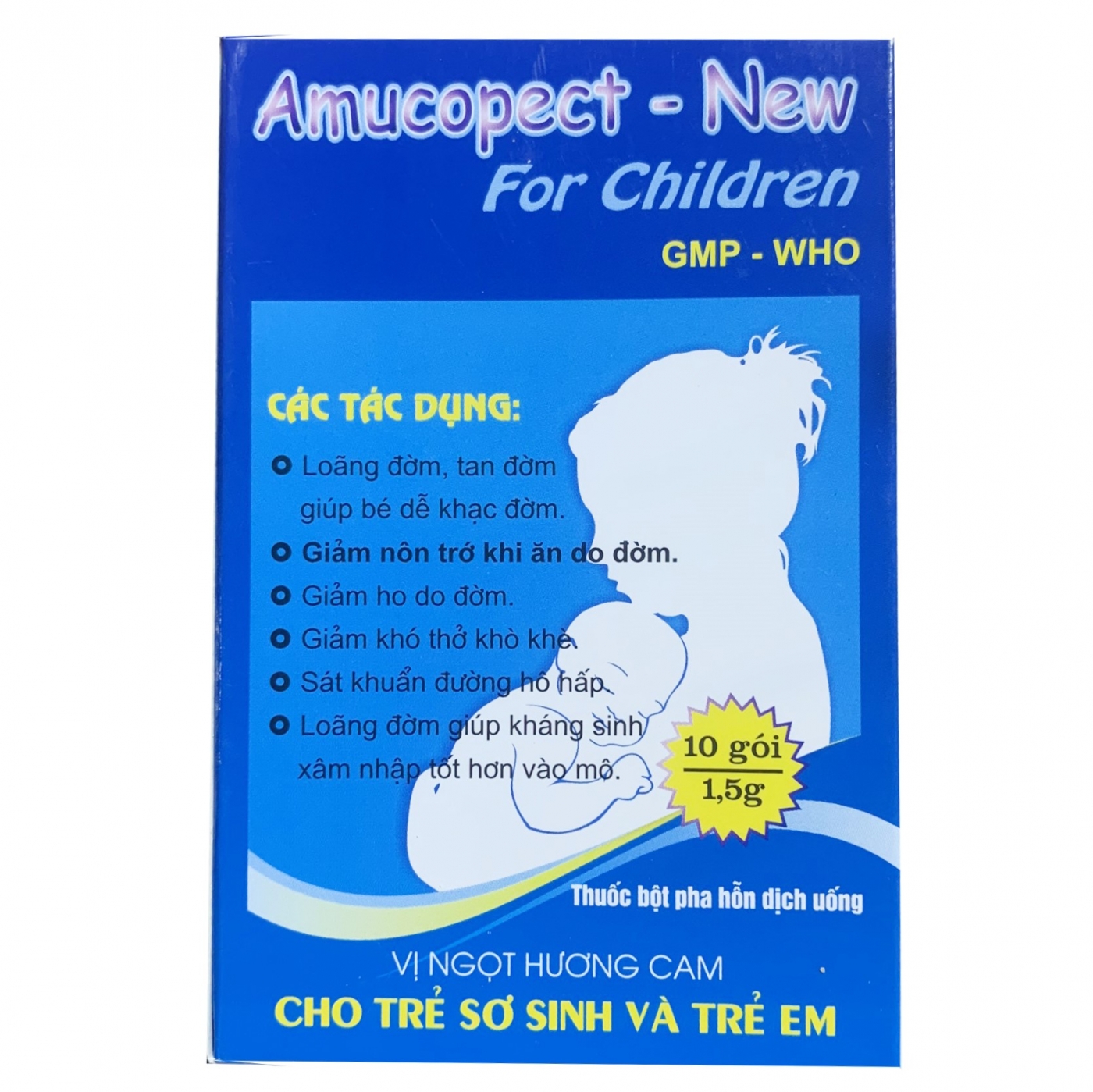 Hình ảnh Thuốc bột Amucopect-New For Children Pharbaco hương cam giúp loãng đờm, tan đờm (10 gói x 1.5g)