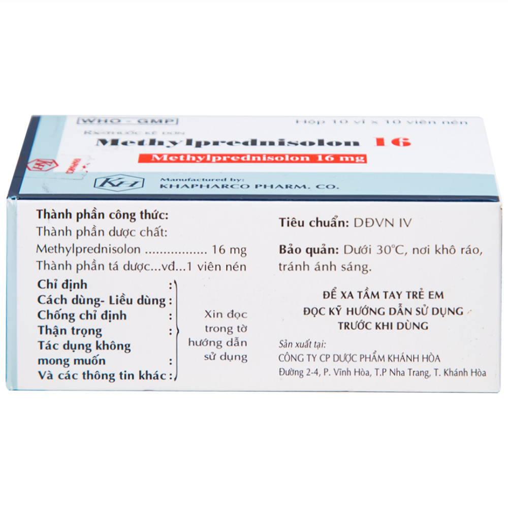 Hình ảnh Thuốc Methylprednisolon 16 Khapharco kháng viêm, điều trị viêm khớp dạng thấp, lupus ban đỏ hệ thống (10 vỉ x 10 viên)