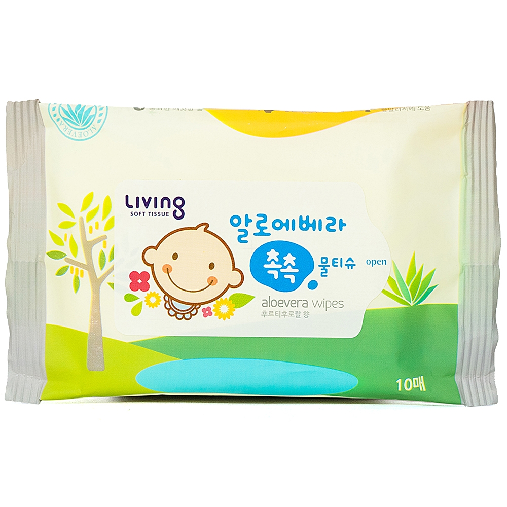 Khăn ướt Living Chok Chok Aloe Vera mềm mại, không xơ, an toàn (10 miếng)