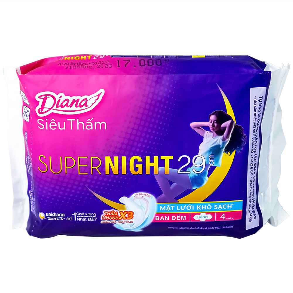 Hình ảnh Băng vệ sinh ban đêm Diana Siêu Thấm Super Night thấm nhanh gấp 3 lần (4 miếng)
