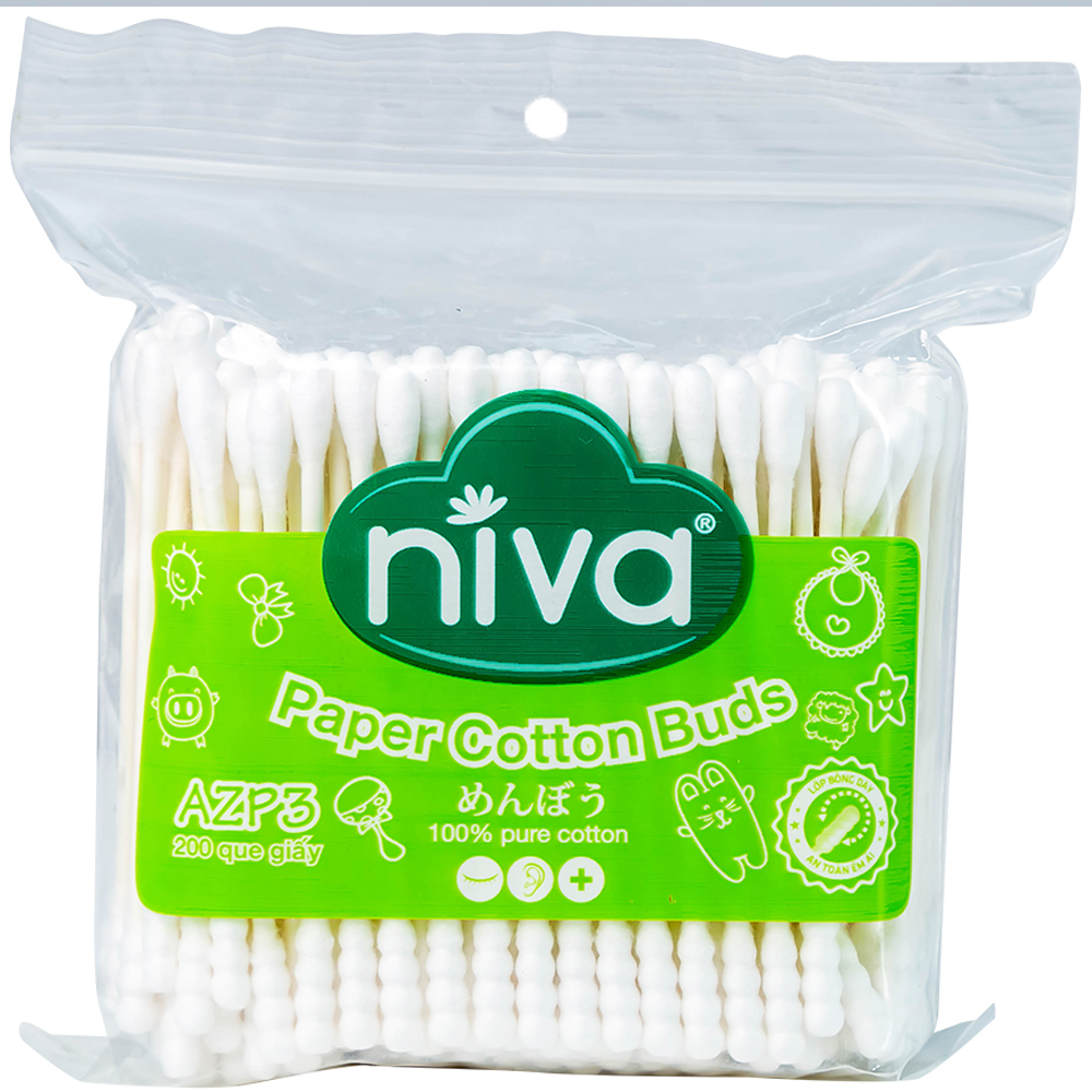 Tăm bông Niva AZP3 Paper Cotton Buds túi Zip 1 đầu tròn 1 đầu xoắn vệ sinh tai, mũi, vết thương (200 que)