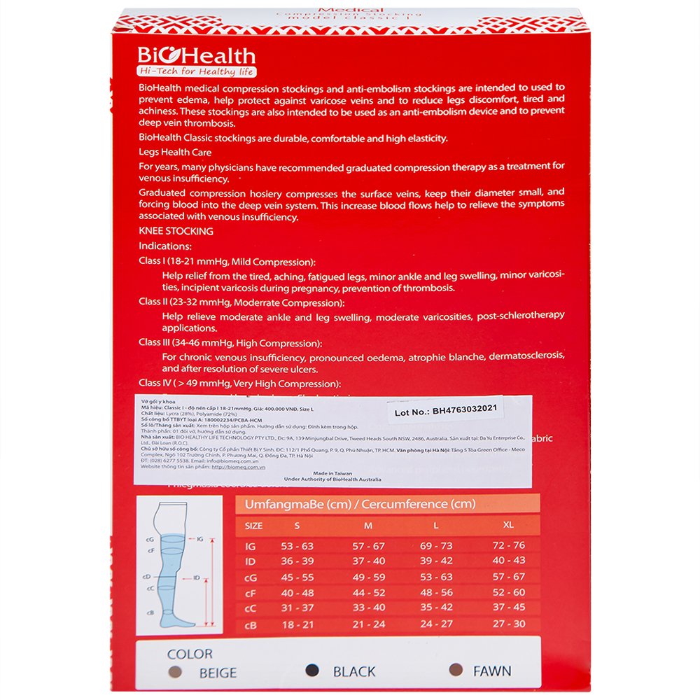 Hình ảnh Vớ gối y khoa Medical Compression Stocking Model Classic I Biohealth size L màu da điều trị giãn tĩnh mạch chân