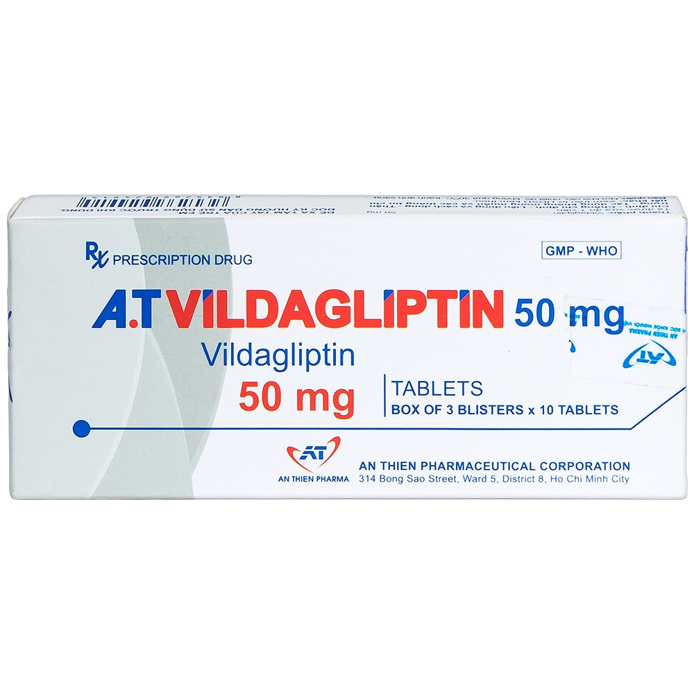 Hình ảnh Thuốc A.T Vildagliptin 50mg An Thiên điều trị đái tháo đường típ 2 (3 vỉ x 10 viên)