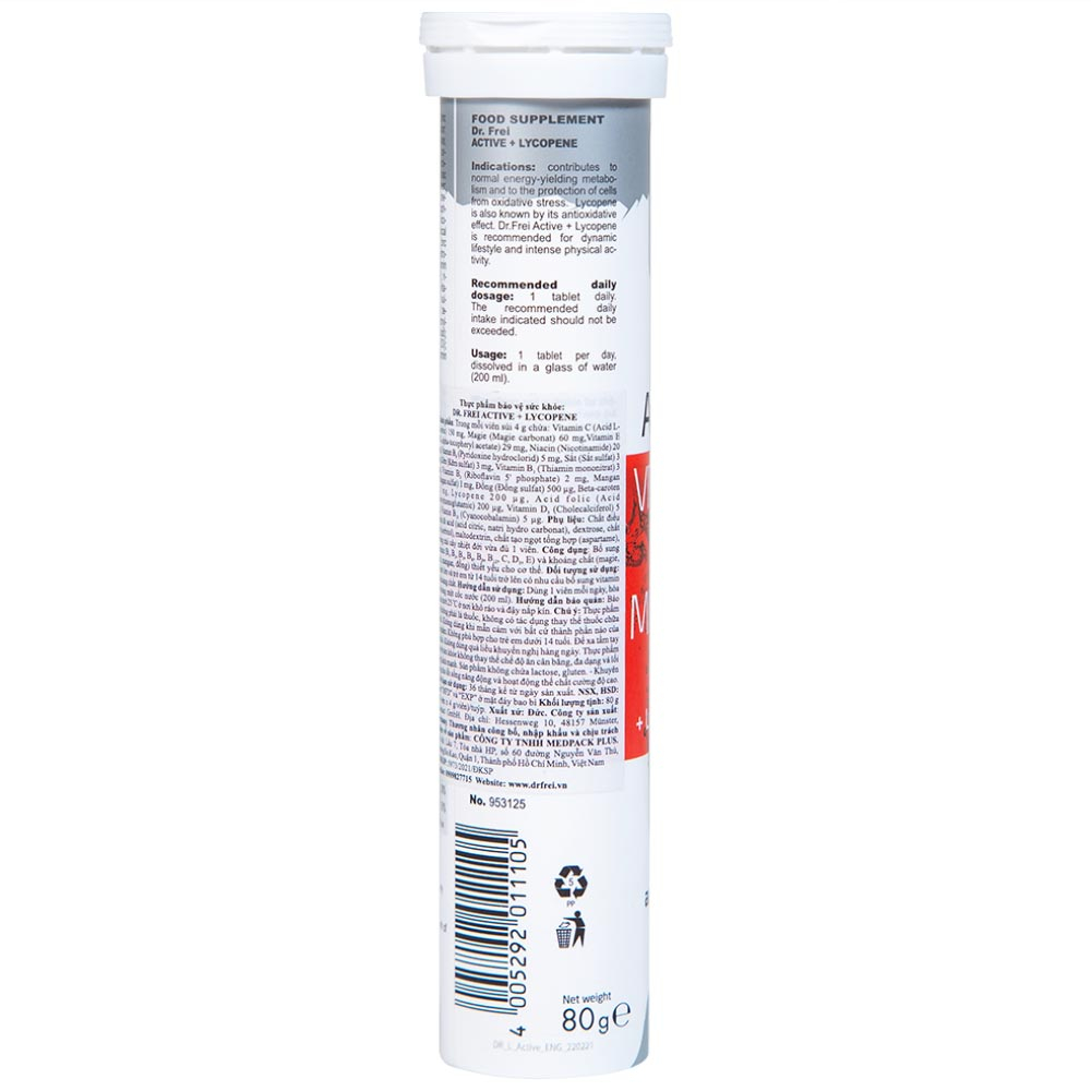 Hình ảnh Viên sủi Active Vitamins And Minerals Dr. Frei Active + Lycopene bổ sung vitamin và khoáng chất cho cơ thể (20 viên)