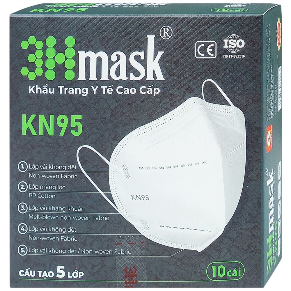 Hình ảnh Khẩu trang y tế cao cấp 3Hmask KN95 Vĩnh Tiến màu trắng hỗ trợ ngăn khói, bụi, kháng khuẩn (10 cái)