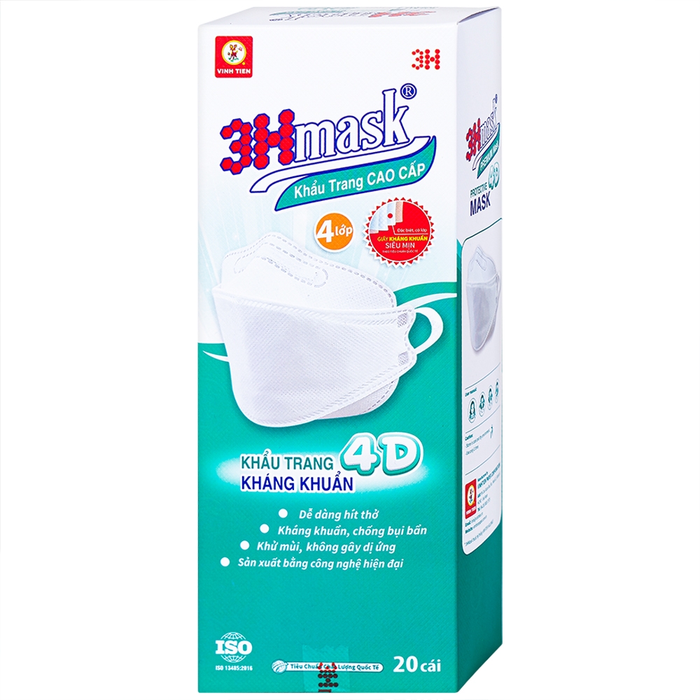 Hình ảnh Khẩu trang y tế cao cấp 3Hmask 4D Vĩnh Tiến màu trắng hỗ trợ ngăn khói, bụi, kháng khuẩn (20 cái)