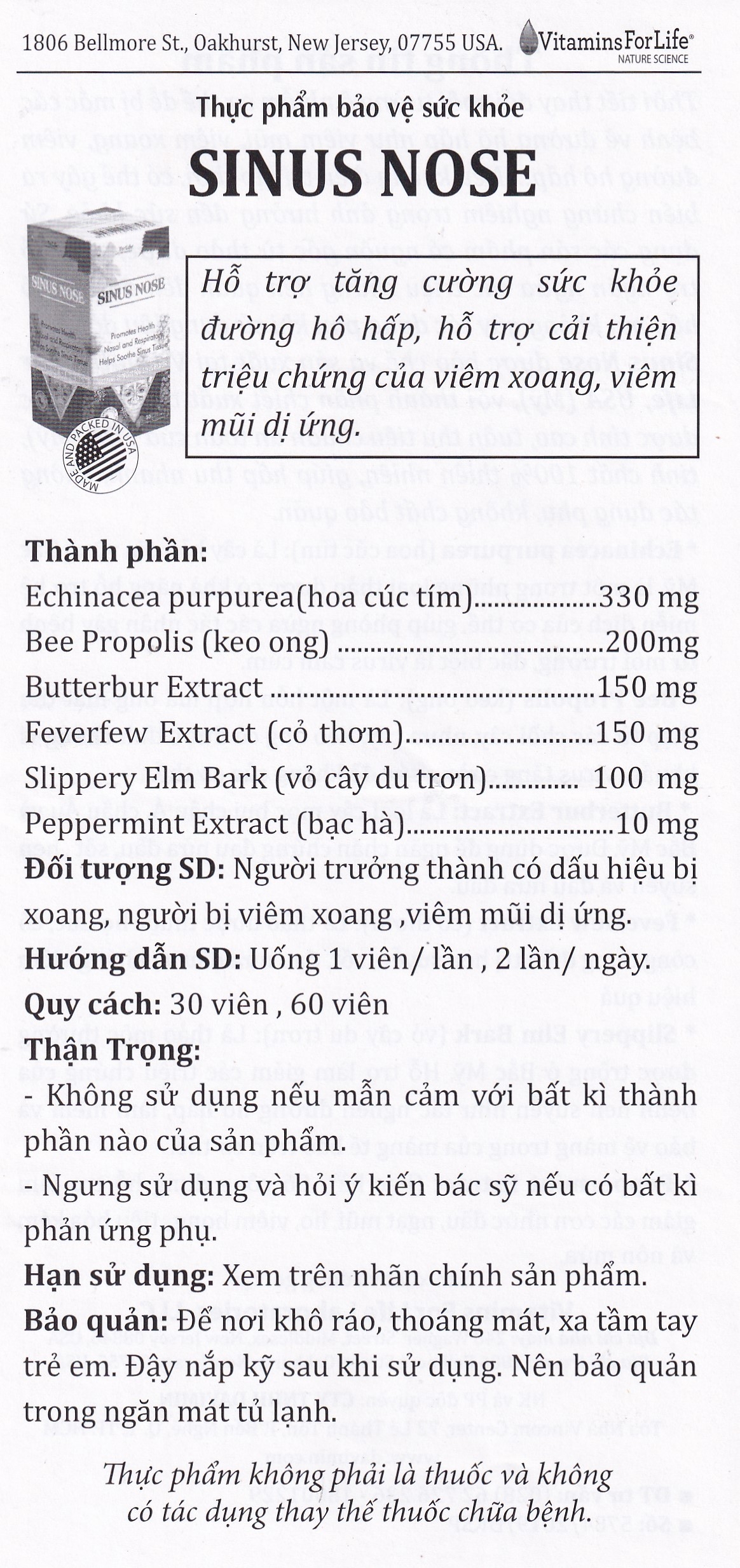 Hình ảnh Viên uống Sinus Nose Vitamins For Life hỗ trợ tăng cường sức khỏe đường hô hấp (60 viên)