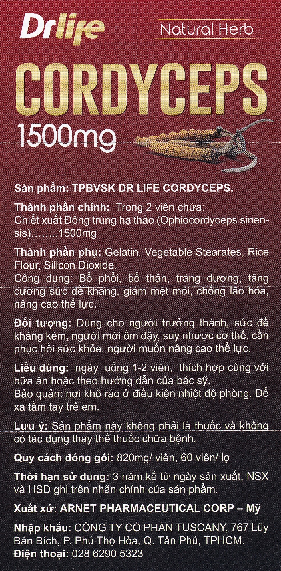 Hình ảnh Viên uống Đông Trùng Hạ Thảo Dr Life Natural Herb Cordyceps 1500mg tăng cường sức đề kháng (60 viên)