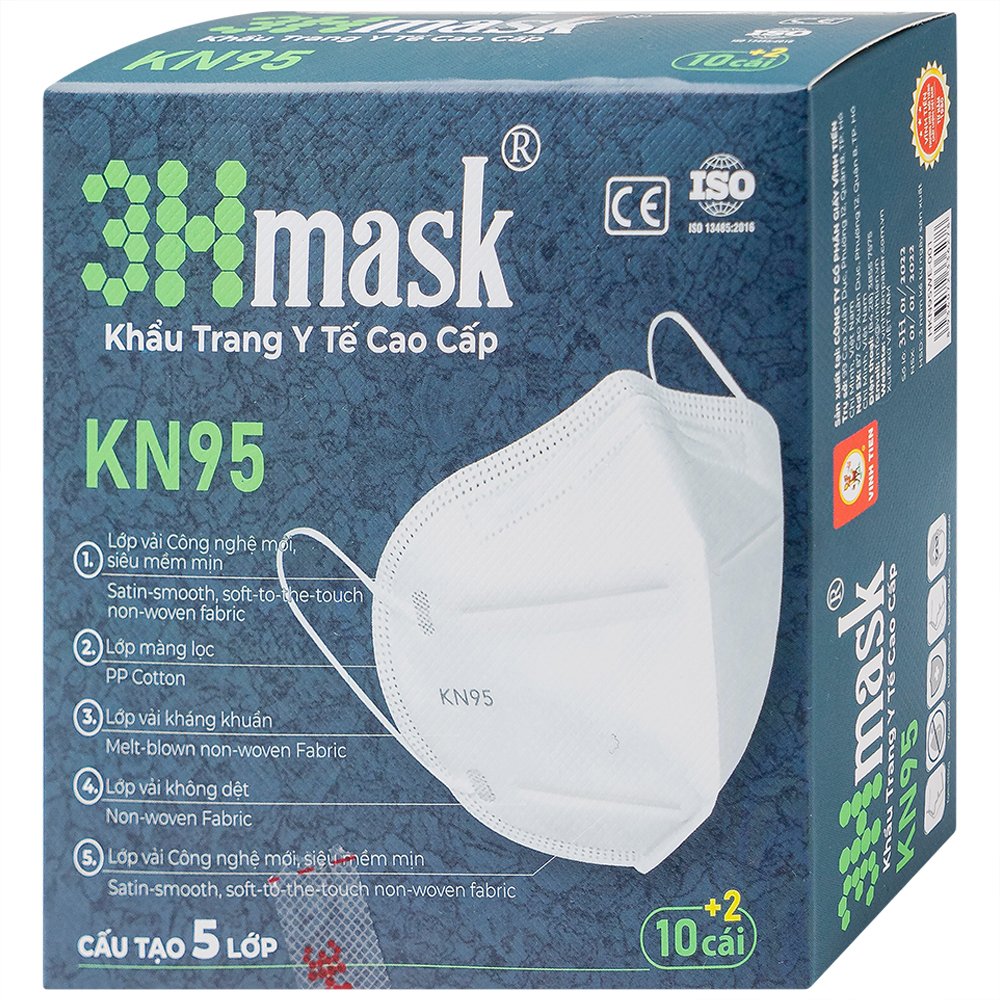 Hình ảnh Khẩu trang y tế cao cấp KN95 3Hmask Vĩnh Tiến màu trắng hỗ trợ ngăn khói, bụi, kháng khuẩn (12 cái)