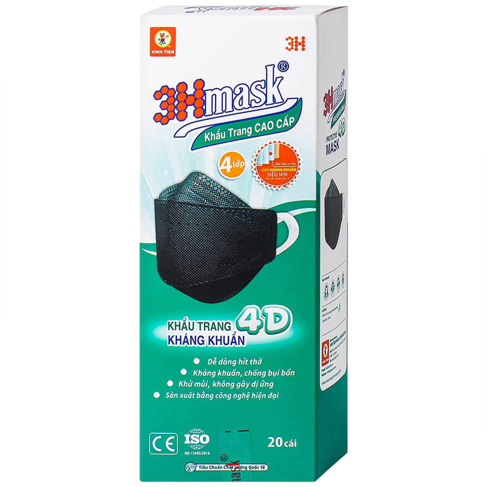 Hình ảnh Khẩu trang y tế cao cấp 3Hmask Vĩnh Tiến 4D màu đen hỗ trợ ngăn khói, bụi, kháng khuẩn (20 cái)