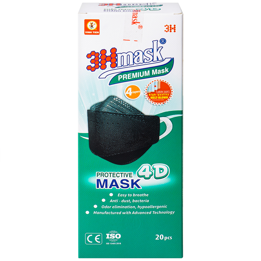 Hình ảnh Khẩu trang y tế cao cấp 3Hmask Vĩnh Tiến 4D màu đen hỗ trợ ngăn khói, bụi, kháng khuẩn (20 cái)