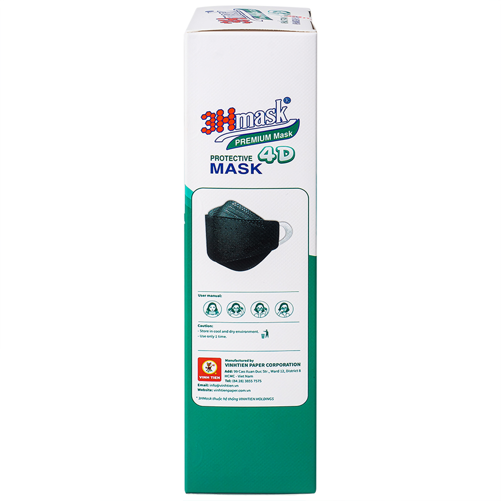 Hình ảnh Khẩu trang y tế cao cấp 3Hmask Vĩnh Tiến 4D màu đen hỗ trợ ngăn khói, bụi, kháng khuẩn (20 cái)