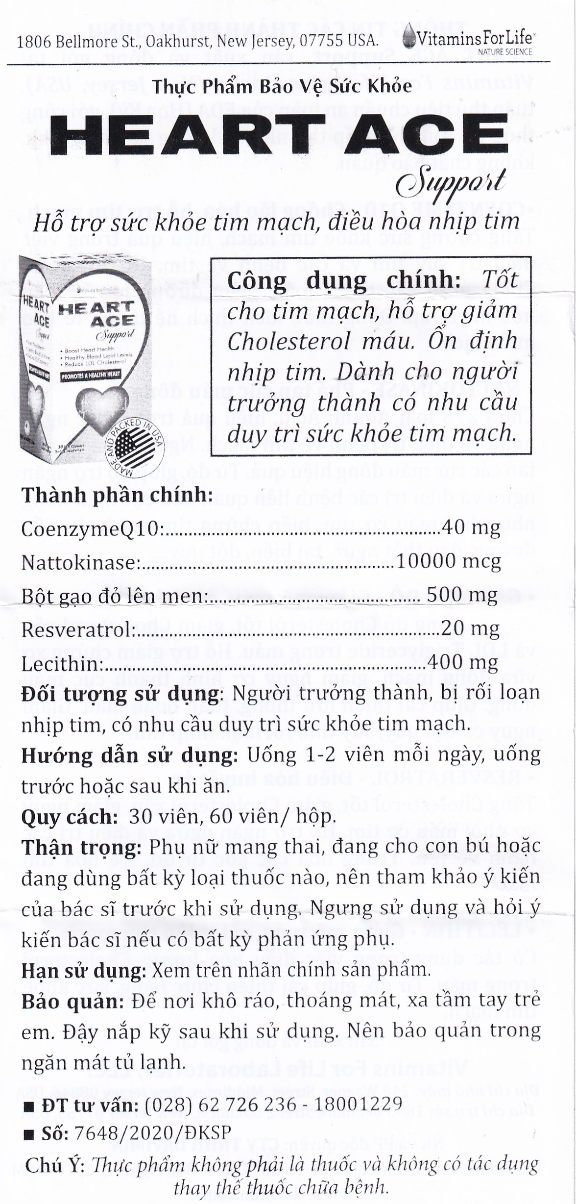 Hình ảnh Viên uống Heart Ace Support Vitamins For Life hỗ trợ sức khỏe tim mạch, điều hòa nhịp tim (Hộp 30 viên)