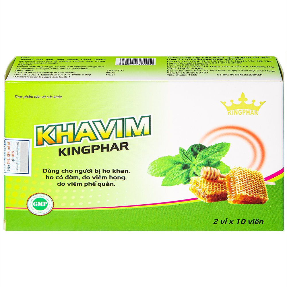 Hình ảnh Viên ngậm Khavim Kingphar dùng cho người bị ho khan, ho có đờm (2 vỉ x 10 viên)