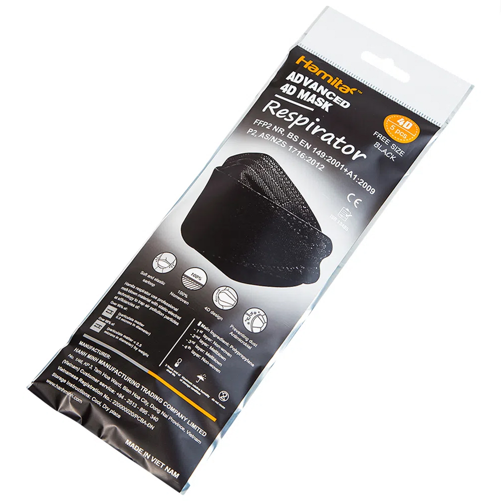 Hình ảnh Khẩu trang y tế Hamita Advanced 4D Mask màu đen hỗ trợ ngăn khói, bụi, kháng khuẩn (5 cái)