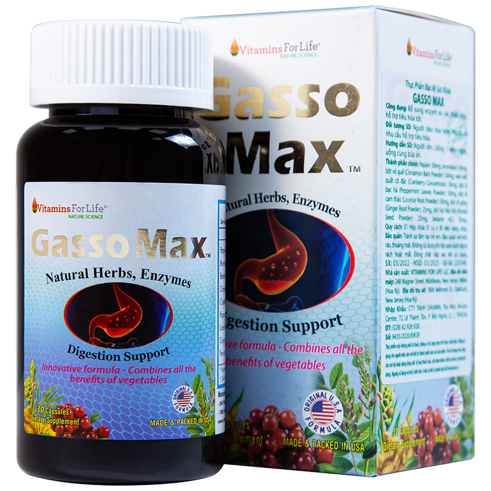 Viên uống Gasso Max Vitamins For Life bổ sung enzyme và các thảo mộc, hỗ trợ tiêu hóa tốt (30 viên)