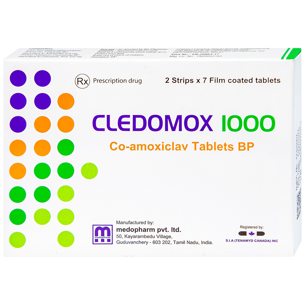 Hình ảnh Thuốc Cledomox 1000 Tenamyd điều trị các trường hợp nhiễm khuẩn (2 vỉ x 7 viên)
