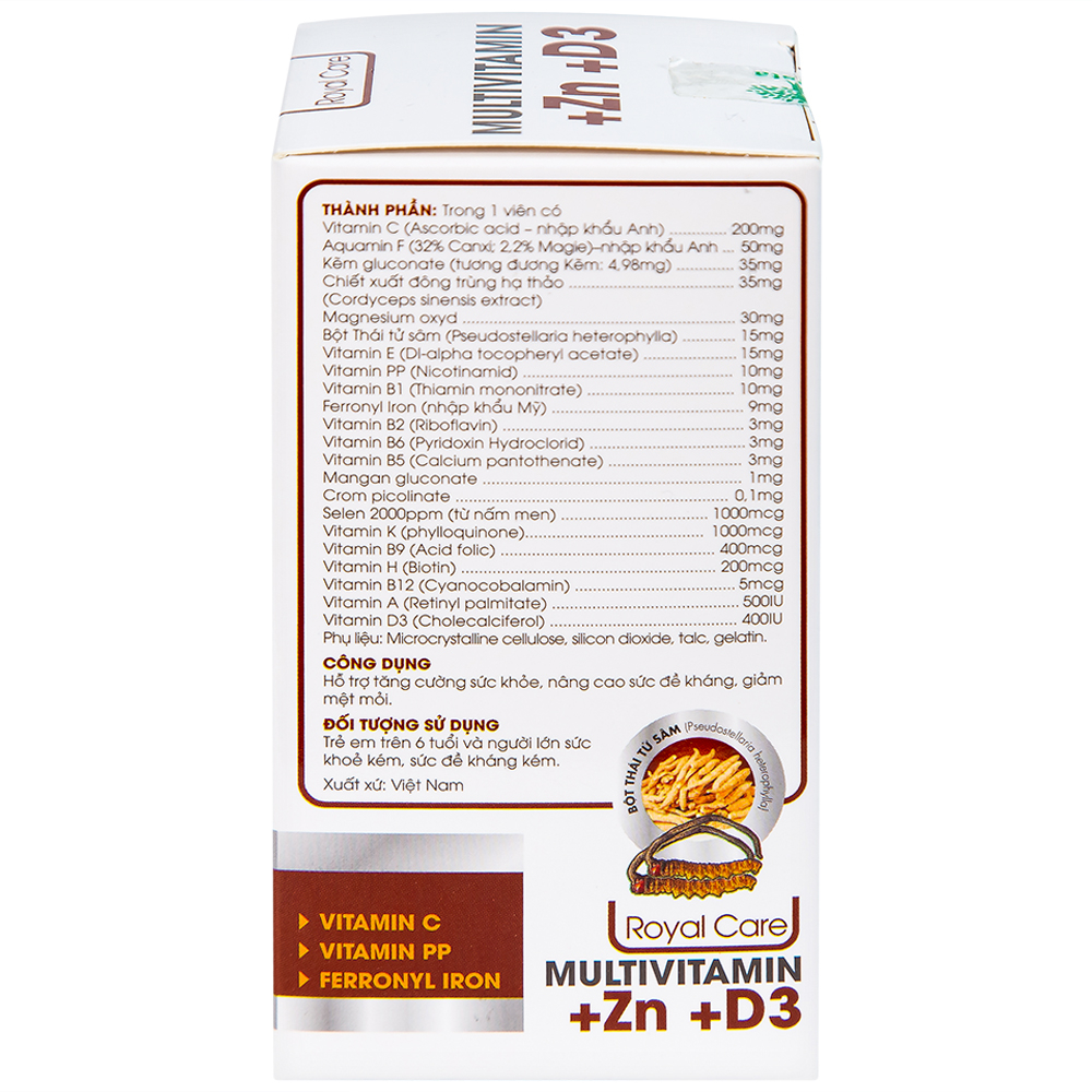 Hình ảnh Viên uống Multivitamin +Zn +D3 Royal Care hỗ trợ tăng cường sức khỏe, nâng cao sức đề kháng (60 viên)