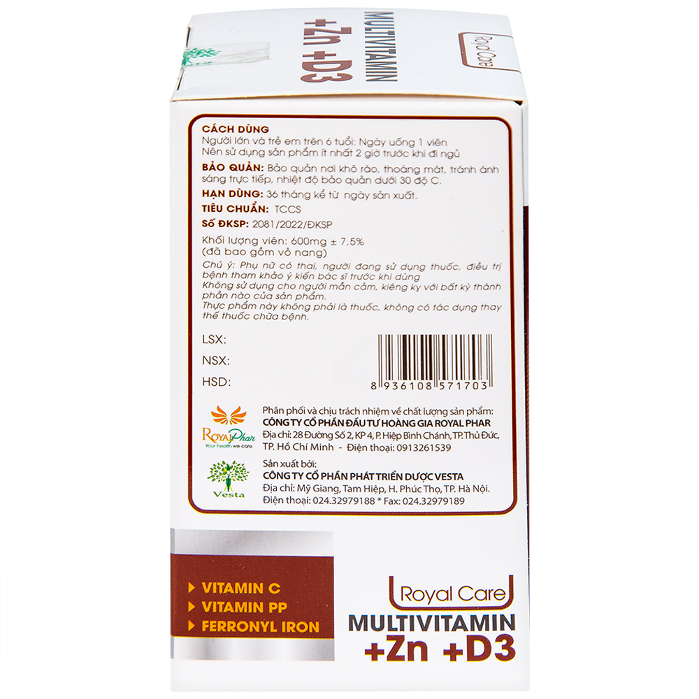 Hình ảnh Viên uống Multivitamin +Zn +D3 Royal Care hỗ trợ tăng cường sức khỏe, nâng cao sức đề kháng (60 viên)