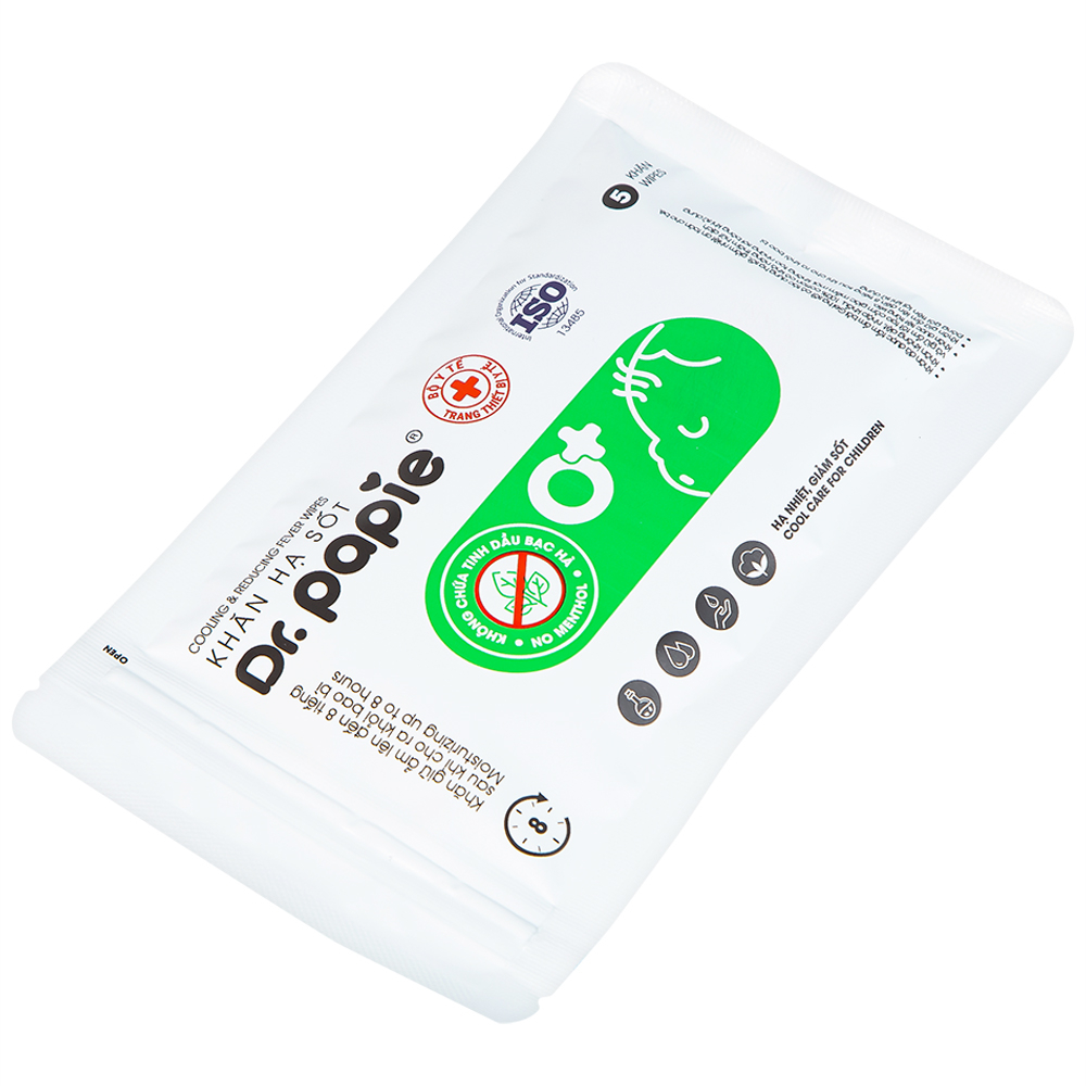 Hình ảnh Khăn hạ sốt DR.Papie 0+ hỗ trợ hạ nhiệt giảm sốt (5 túi x 5 khăn)