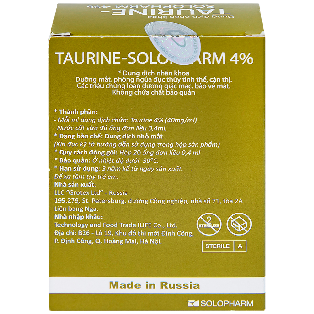 Hình ảnh Dung dịch nhãn khoa Taurine-Solopharm 4% điều trị loạn dưỡng giác mạc, viêm giác mạc (20 tuýp x 0,4ml) 