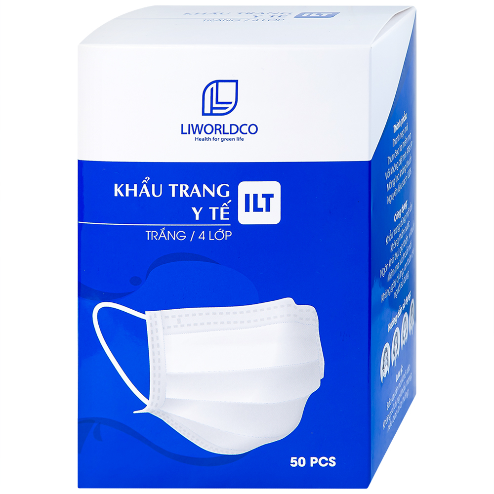 Hình ảnh Khẩu trang y tế ILT Liworldco màu trắng 4 lớp hỗ trợ ngăn khói, bụi, kháng khuẩn (50 cái)