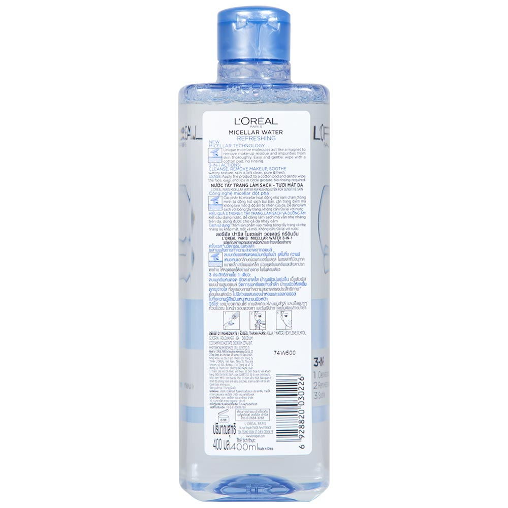 Hình ảnh Nước tẩy trang L'Oreal Micellar Water 3-in-1 Refreshing dành cho da nhạy cảm (400ml)