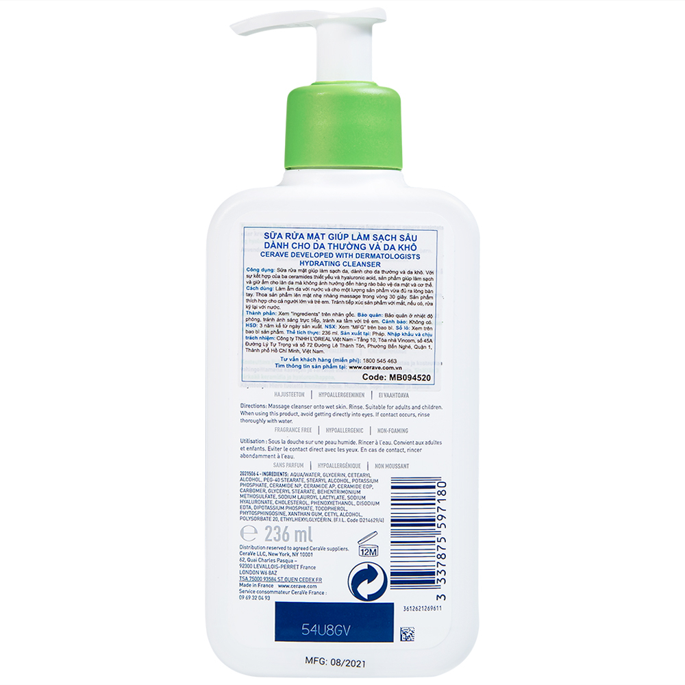 Hình ảnh Sữa rửa mặt Cerave Hydrating Cleanser giúp làm sạch sâu dành cho da thường, da khô (236ml)