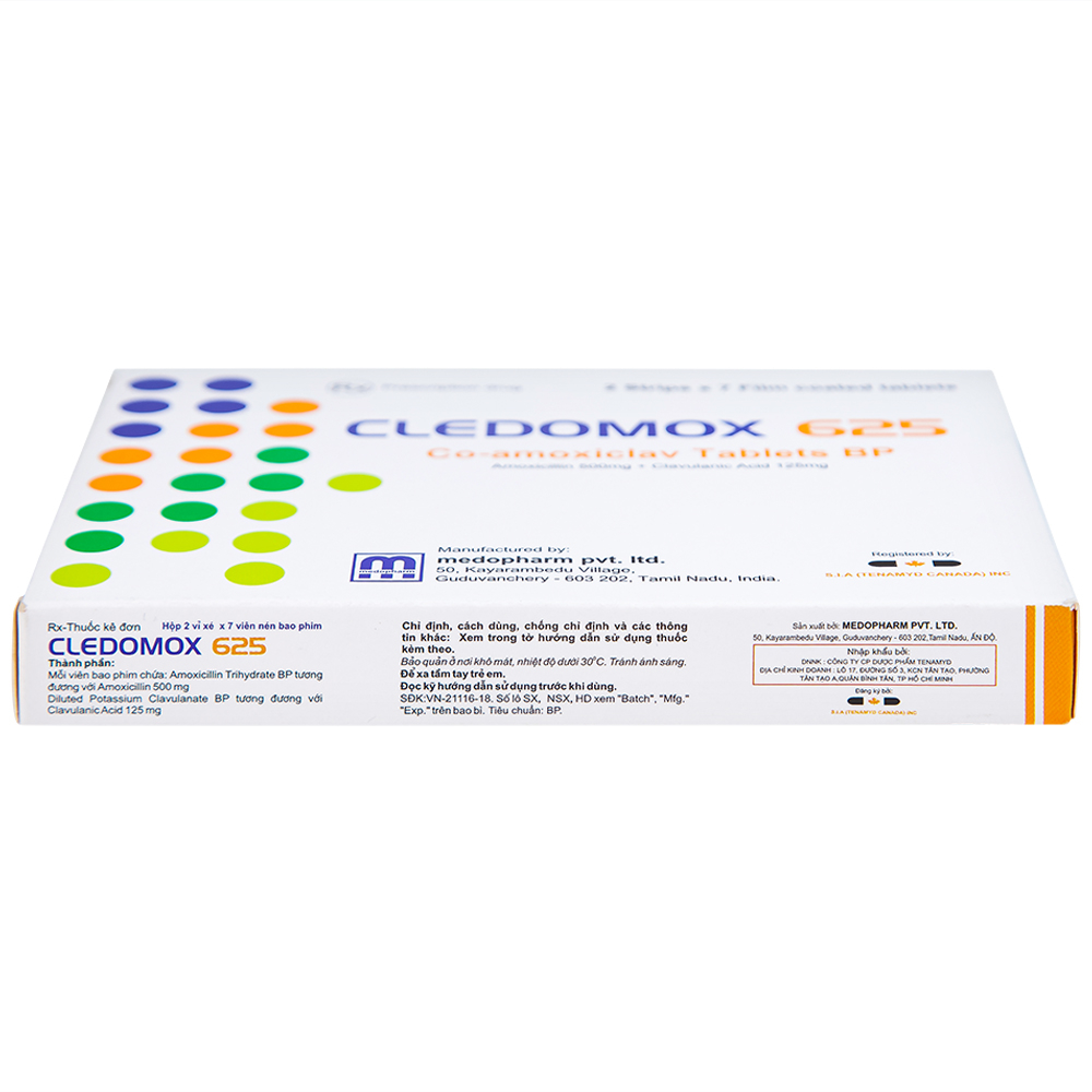 Hình ảnh Thuốc Cledomox 625 Tenamyd điều trị các trường hợp nhiễm khuẩn (2 vỉ x 7 viên)