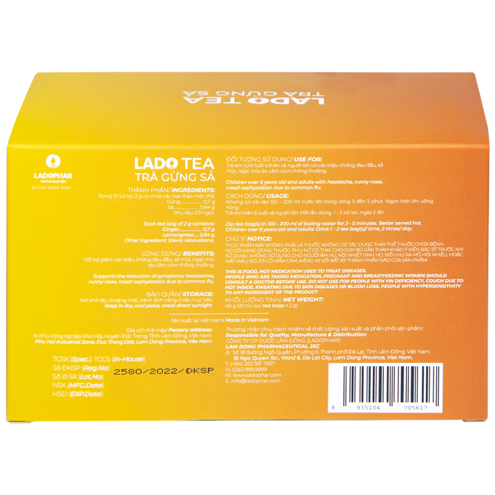 Hình ảnh Trà gừng sả Lado Tea Premium Ladophar hỗ trợ giảm các triệu chứng đau đầu (20 túi x 2g)