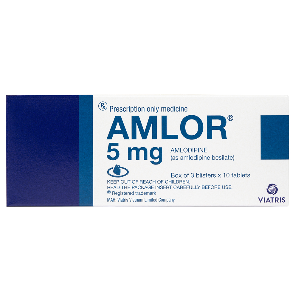 Hình ảnh Thuốc Amlor 5mg Tablets Viatris điều trị tăng huyết áp, đau thắt ngực (3 vỉ x 10 viên)