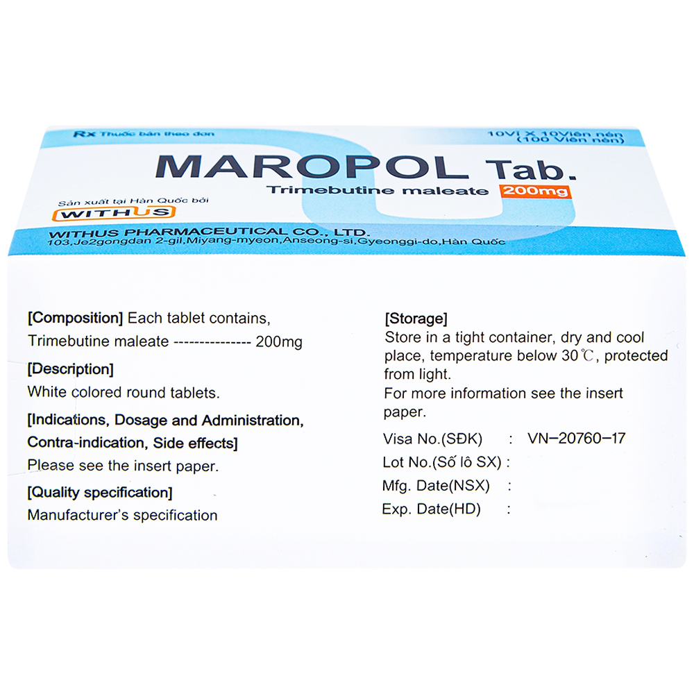 Hình ảnh Viên nén Maropol 200mg Withus Pharma điều trị đau do rối loạn chức năng ống tiêu hóa (10 vỉ x 10 viên)