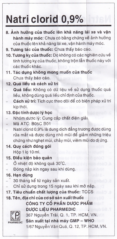 Hình ảnh Thuốc nhỏ mắt, nhỏ mũi Natri Clorid 0,9% Pharmedic hỗ trợ rửa mắt, rửa mũi, phụ trị nghẹt mũi, sổ mũi (10ml)