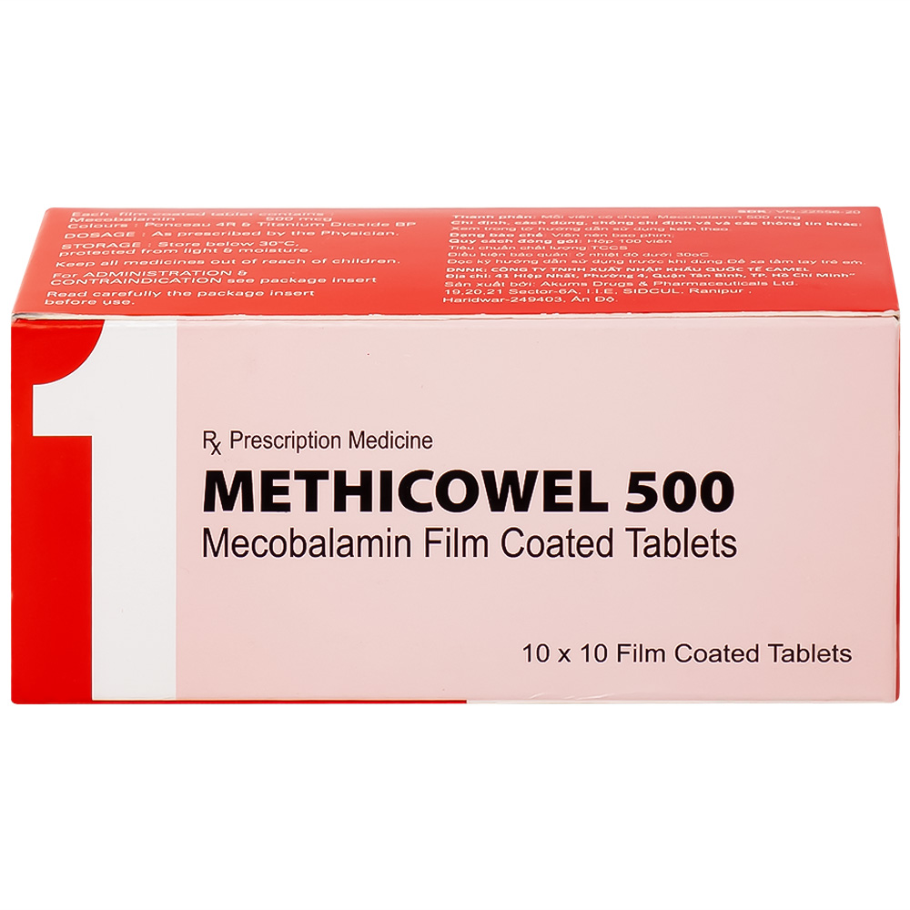 Hình ảnh Thuốc Methicowel 500 Akums điều trị các bệnh lý thần kinh ngoại biên, thiếu máu hồng cầu to (10 vỉ x 10 viên)