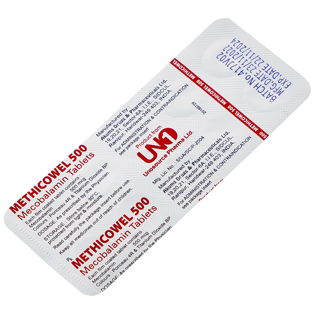 Hình ảnh Thuốc Methicowel 500 Akums điều trị các bệnh lý thần kinh ngoại biên, thiếu máu hồng cầu to (10 vỉ x 10 viên)